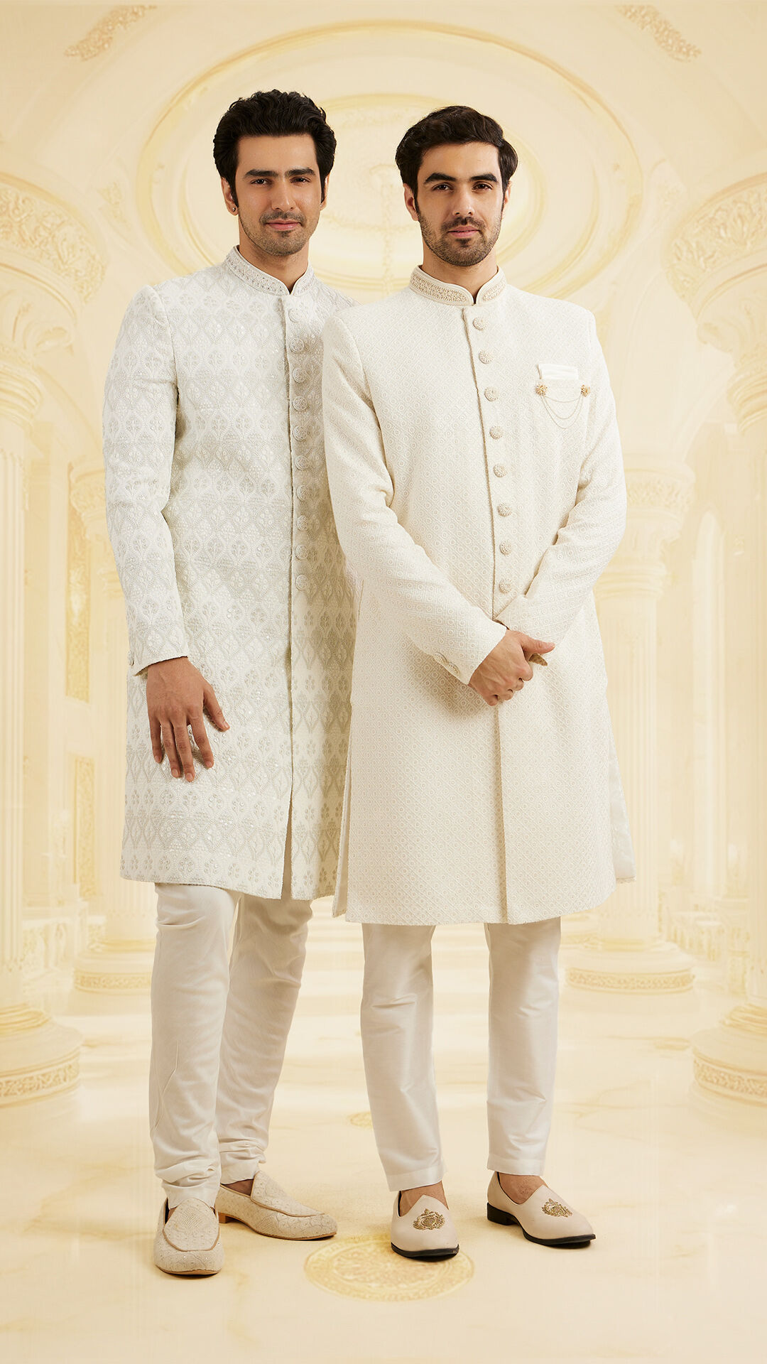 Mens wearing a peach kurta pajama set